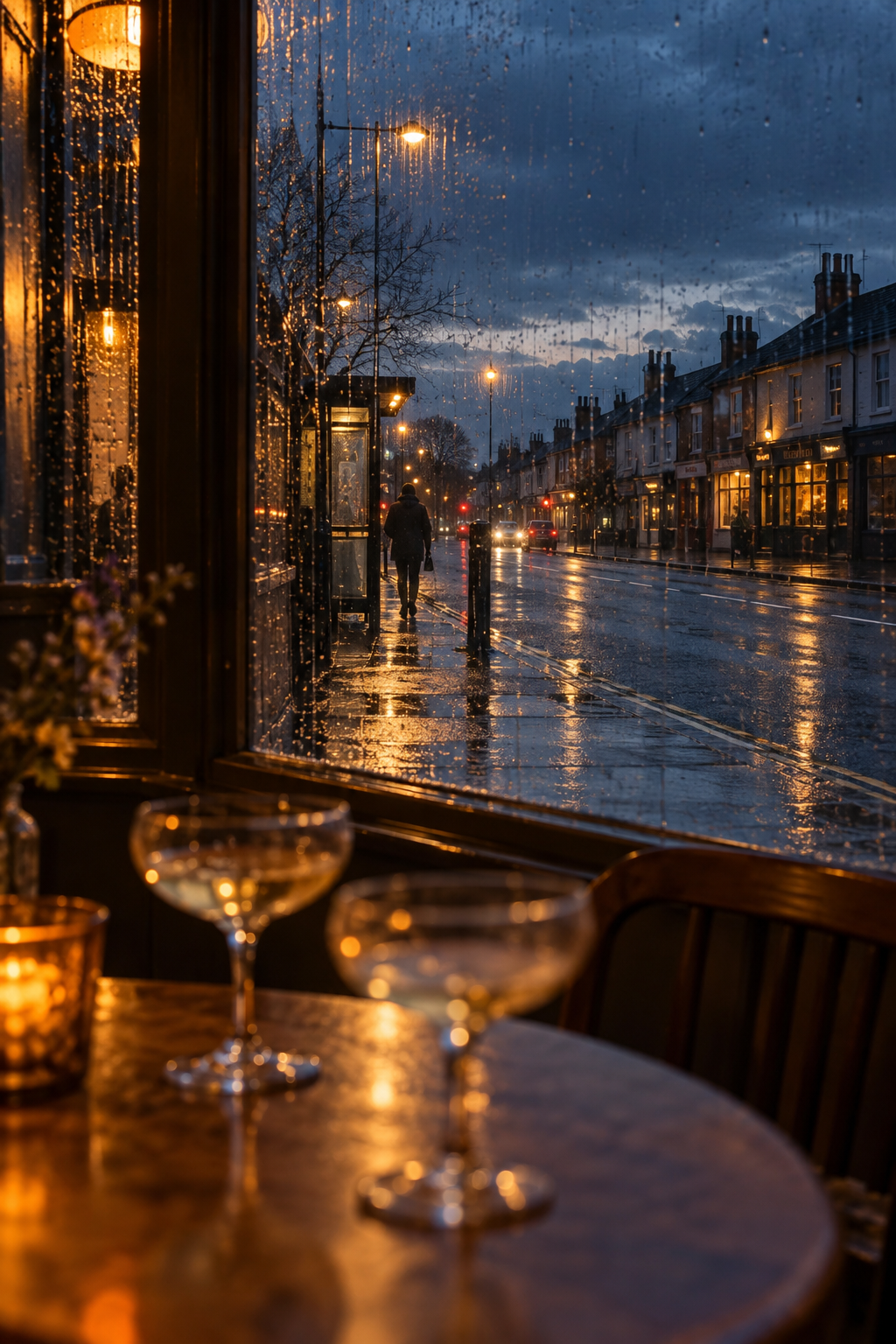 Two sparkling-wine glasses on a pub table looking out through rain at a blue-hour high street